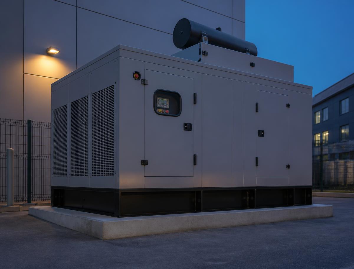 Commercial backup power generator unit installed outside a building