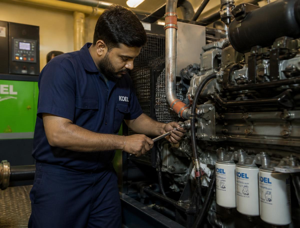 Technician servicing a generator engine at a workshop in Erode